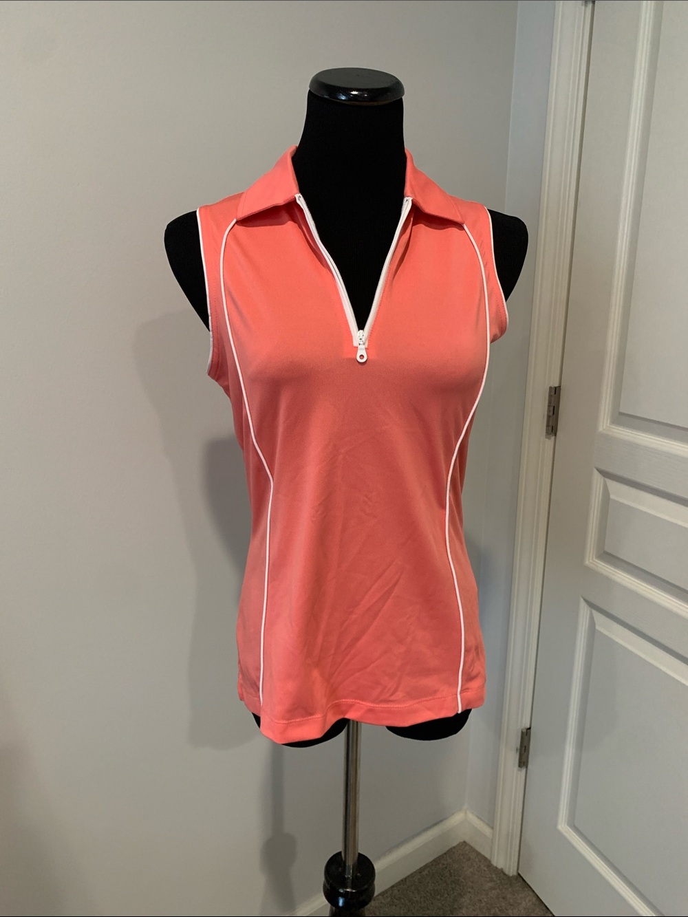 Callaway Coral Sleeveless Zip Polo Top with White Piping